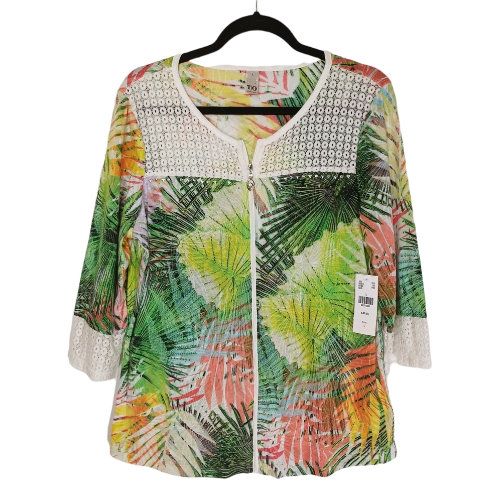 THOMAS & OLIVIA Green Colorful Palm Leaf Tropical Print Lace Zipper Top L NWT